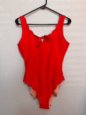 NWT J.Crew Tie Front Scalloped One Piece Swimsuit Women’s M Baywatch Red